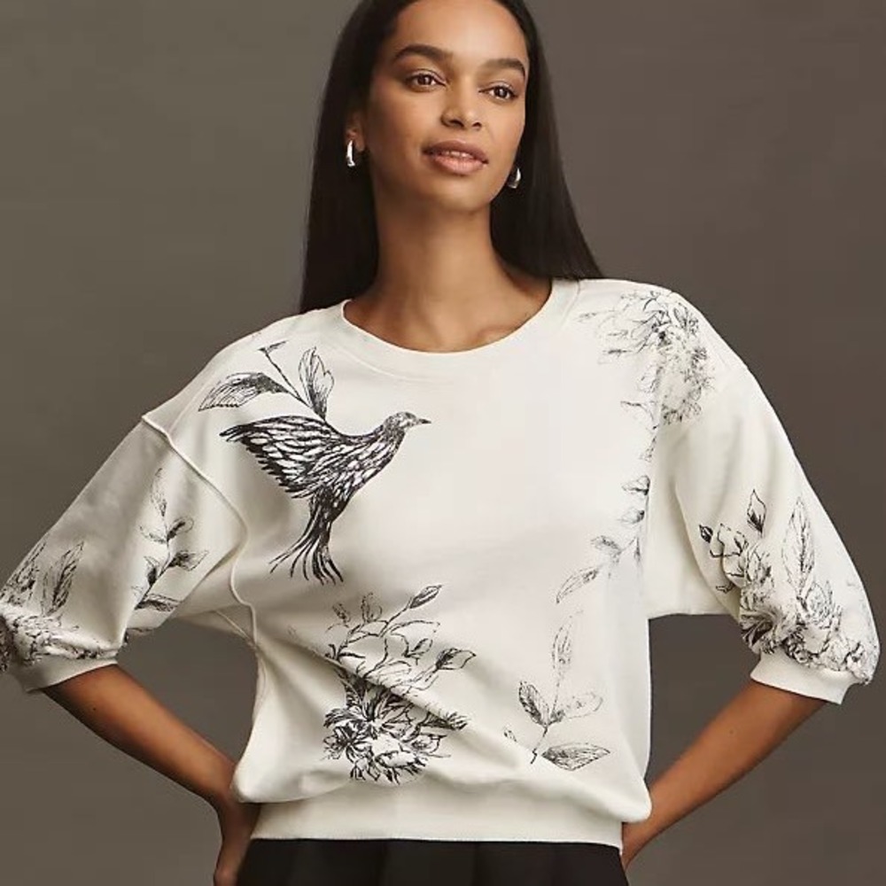 Anthropologie | Pilcro | Bird Floral Graphic Puff Sleeve Sweatshirt Cream Size M